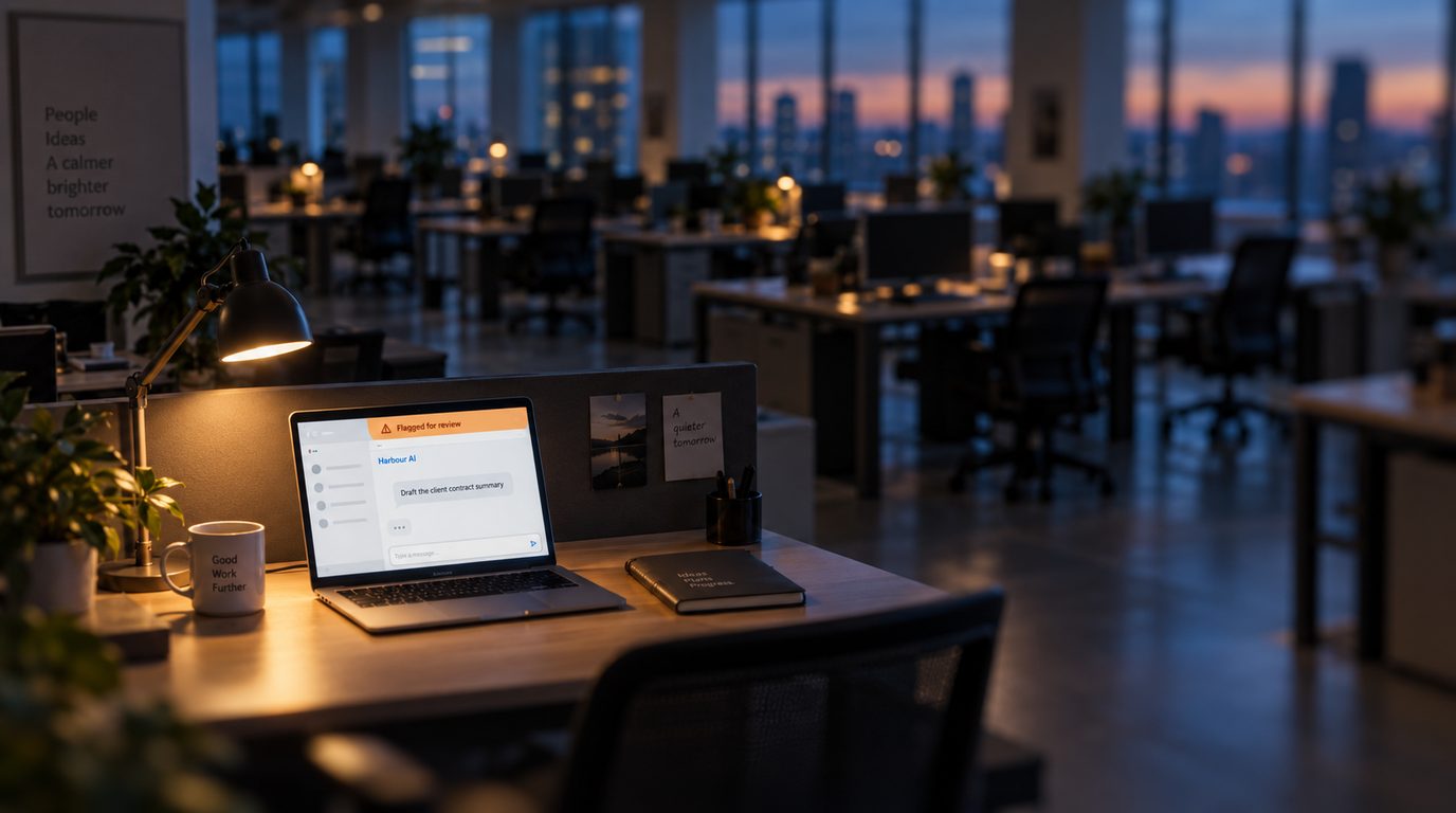 Your Staff Treat AI Chats Like a Diary. Here Is Who Else Can Read Them. Laptop on a desk in an empty office at dusk, with a chat window open on screen and a closed notebook beside it