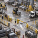 Tilt-shift miniature of an industrial yard with forklifts on marked lanes, pedestrians behind barrier rails and a supervisor checking a barrier at a crossing point