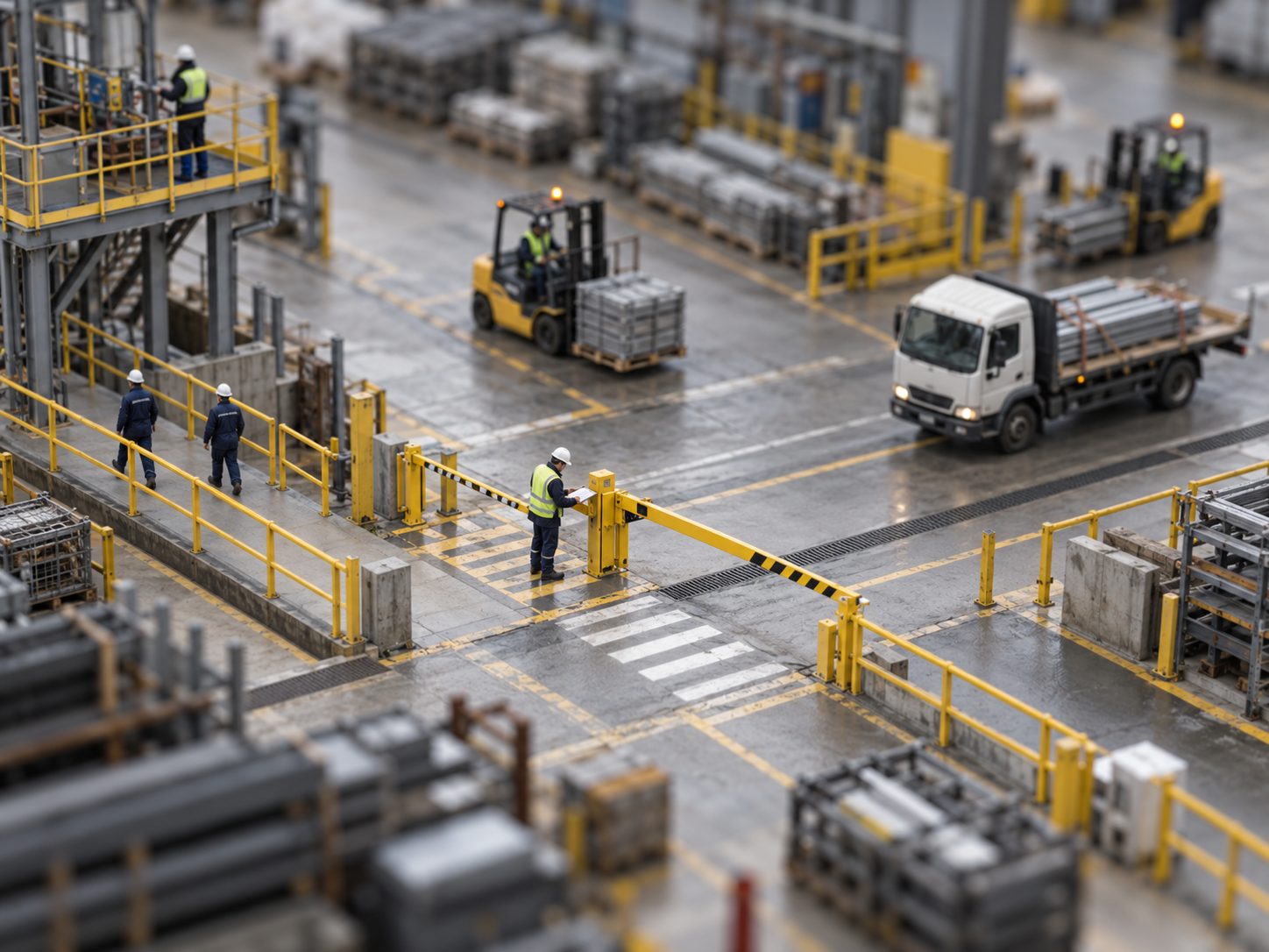 222 Workers Died in 2025. Most From Hazards We Already Know How to Control. Tilt-shift miniature of an industrial yard with forklifts on marked lanes, pedestrians behind barrier rails and a supervisor checking a barrier at a crossing point